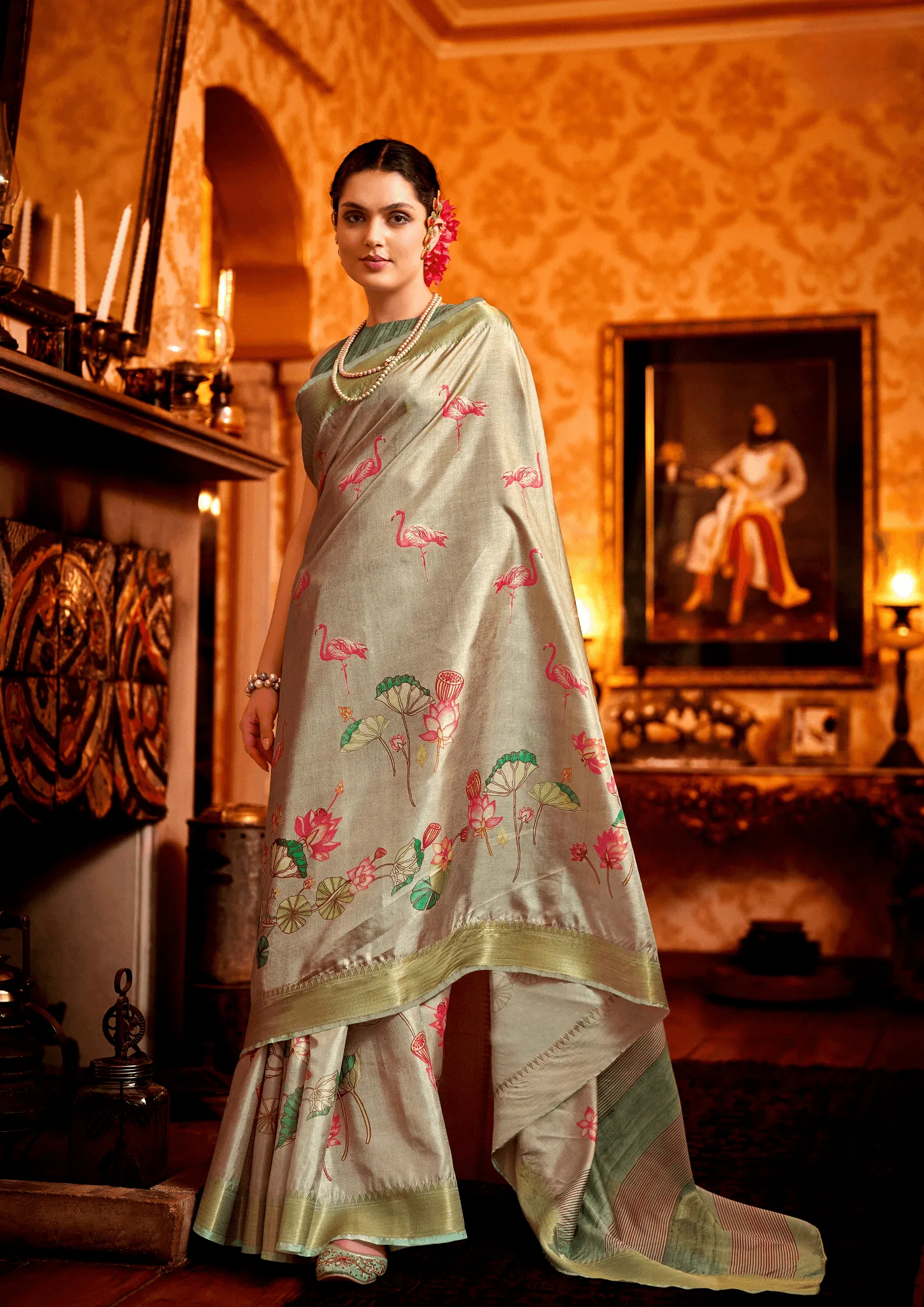 Designer Pichwai Floral Creme Saree
