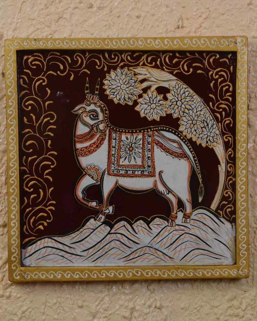 Kamdhenu Cow Art Hand Painted Square Wall Decorative