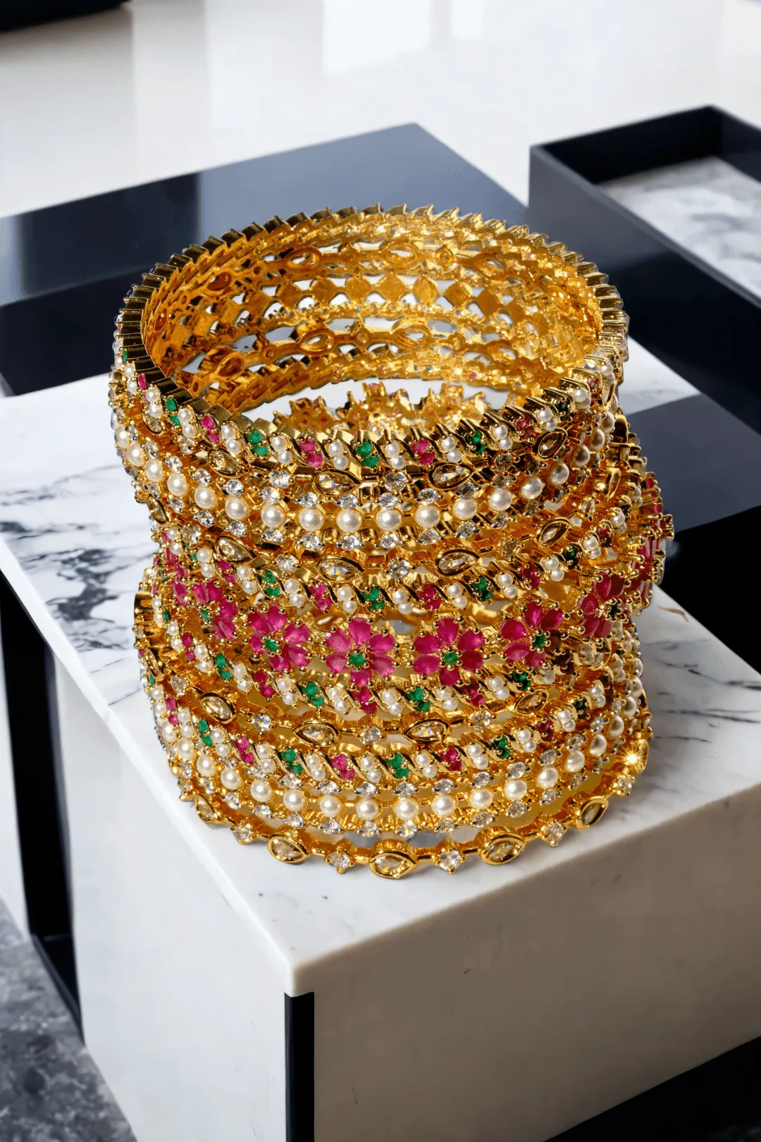 Tavisha Gold-Plated 11-Piece Floral Pearl Bangle Set (1 PC)